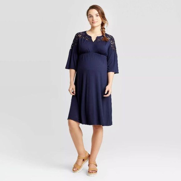 Ingrid & Isabel Dresses & Skirts - 3/4 SLEEVE LACE YOKE KNIT MATERNITY DRESS NAVY M